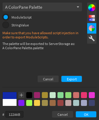 Palette export dialog