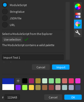 Palette import dialog