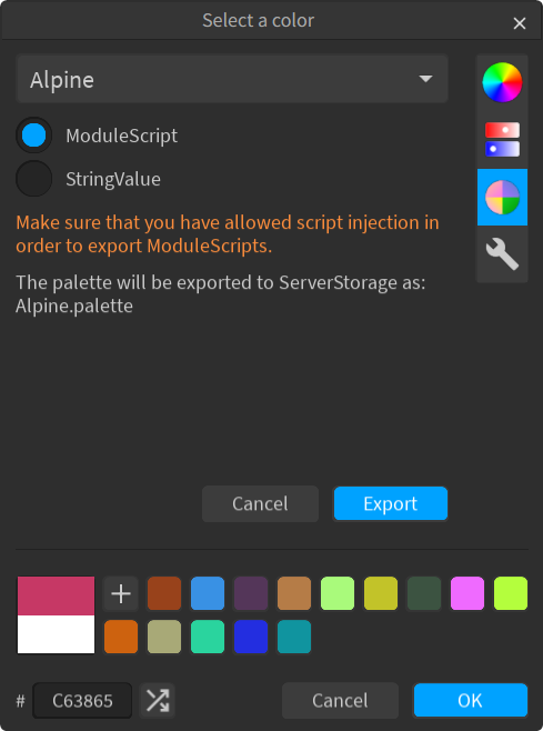 Palette export dialog (dark theme)