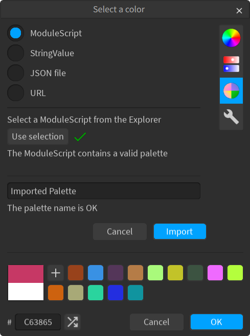 Palette import dialog (dark theme)