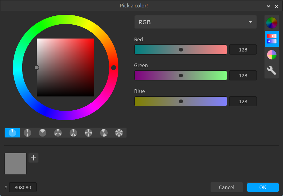 Color picker window with custom title and color (dark theme)