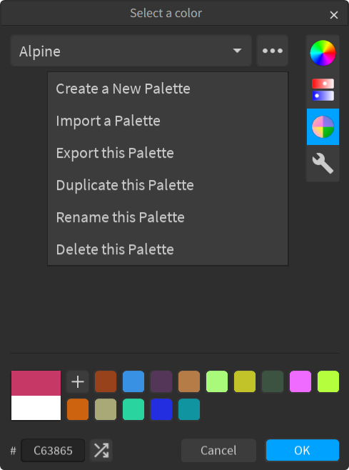 The palette overflow menu (dark theme)