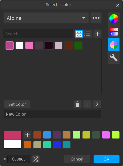 The palettes page (dark theme)