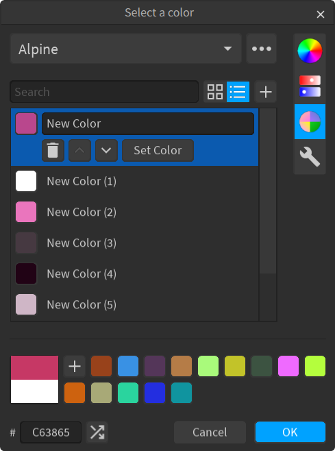 The list layout for palettes (dark theme)