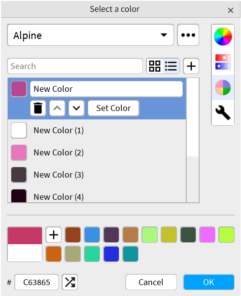 The list layout for palettes (light theme)