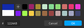 The quick palette, hex input, and initial and starting color values