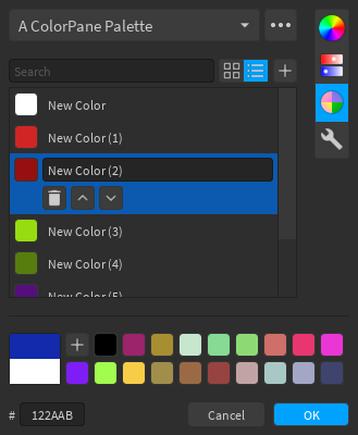 The list layout for palettes
